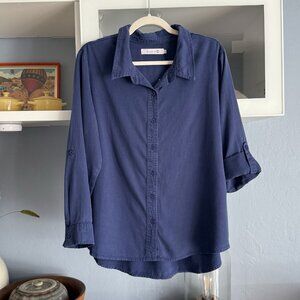 Billy T Blue Button Front Shirt Roll-Tab Sleeves Size XLP 100% Tencel